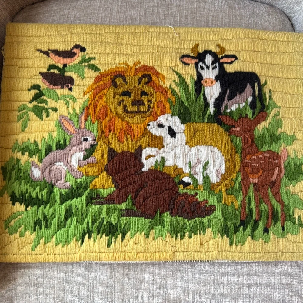 Vintage Yellow and Green Embroidered Nursery Cute Animals Lion Bunny Deer
